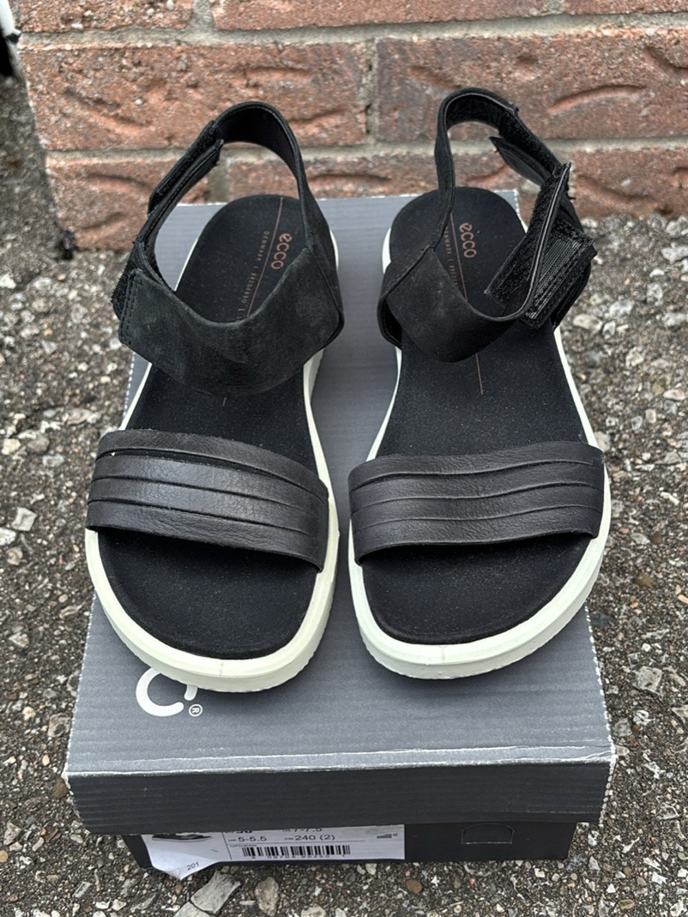 Ecco Black and White Platform Strap Sandals